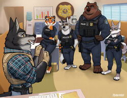  2022 anthro axel_wolfram badge barefoot bear briefing brown_bear bulletproof_vest canid canine canis cigarette clothing detective disney electroshock_weapon feet felid female flannel_shirt group holstered_pistol male mammal mila_moone_(grizzlygus) nadine_(grizzlygus) officer_fangmeyer officer_wolfard oslo_strongpaw pantherine police police_officer police_station police_uniform psakorn_tnoi ralph_(grizzlygus) smoking tactical_gear taser tiger uniform ursine weapon wolf zootopia zpd 