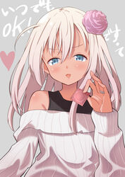  alternate_costume blue_eyes casual commentary_request condom female flower hair_flower hair_ornament heart jewelry kantai_collection long_hair long_sleeves looking_at_viewer off-shoulder_sweater off_shoulder one-piece_tan ring ro-500_(kancolle) sanninme_no_haru solo sweater tan tanlines upper_body wedding_ring 