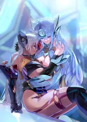  2girls absurdres blue_eyes blue_hair breasts cleavage closed_eyes dark_skin dutch_angle elbow_gloves garter_straps gloves headpiece highres hug kos-mos large_breasts long_hair multiple_girls negresco pale_skin skin_tight skindentation t-elos thighhighs underboob white_hair xenosaga 