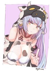  animal_ears animal_print bare_shoulders bikini blue_hair blush border breasts catura_(granblue_fantasy) closed_mouth cow_ears cow_girl cow_hat cow_horns cow_print detached_sleeves draph ear_piercing female gollizo granblue_fantasy hat horns large_breasts leaning_forward long_hair looking_at_viewer navel piercing pointy_ears purple_background see-through solo swimsuit white_bikini white_border wide_sleeves yellow_eyes 