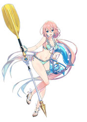  bikini blue_eyes blue_hair bridal_garter earrings female frilled_bikini frills full_body goggles gradient_hair halterneck highres holding holding_paddle idola_phantasy_star_saga innertube jewelry light_blue_hair long_hair looking_at_viewer multicolored_hair navel official_art open_mouth paddle phantasy_star phantasy_star_online_2 photoshop_(medium) pink_hair ribbon sandals simple_background snorkel solo staff stella_(idola) swim_ring swimsuit very_long_hair white_background wrist_ribbon 