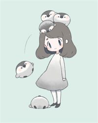  &gt;_&lt; animal_on_head ayu_(mog) baby_penguin bird bird_on_head black_footwear blue_background blue_eyes blush brown_hair commentary dress emperor_penguin falling female gradient_clothes gradient_dress grey_dress long_sleeves on_head original pantyhose penguin shoes simple_background smile solo symbol-only_commentary white_pantyhose |_| 