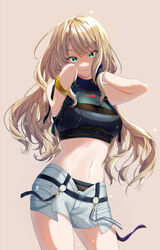  absurdres blonde_hair crop_top female fran_(idoly_pride) green_eyes highres idoly_pride long_hair looking_at_viewer midriff miniskirt skirt smile solo standing strap sunyack 