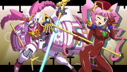  bodysuit energy_sword female g_gundam grey_eyes gundam gundam_build_fighters hat kirara_(gundam_bf) long_hair mecha military_hat mobile_trace_suit nobel_gundam one_eye_closed pink_hair robot sidelocks skin_tight staff sword twintails very_long_hair weapon yabe_makoto 