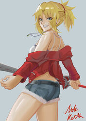  artist_name ass blonde_hair braid breasts commentary denim denim_shorts fate/apocrypha fate_(series) female from_behind fur_trim green_eyes grey_background grin hair_ornament hair_scrunchie highres holding holding_sword holding_weapon jacket jewelry long_hair long_sleeves looking_at_viewer looking_back mordred_(fate) mordred_(fate/apocrypha) mordred_(memories_at_trifas)_(fate) necklace nida_keita oerba_yun_fang off_shoulder ponytail red_jacket red_scrunchie scrunchie shorts simple_background smile solo sword weapon 