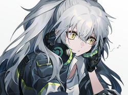  aek-999_(girls&#039;_frontline) black_gloves black_jacket commentary_request eighth_note female girls&#039;_frontline gloves grey_background grey_hair hair_between_eyes haizome_senri hand_up headphones headphones_around_neck highres jacket long_hair looking_away musical_note open_clothes open_jacket parted_lips ponytail shirt signature simple_background solo upper_body white_shirt yellow_eyes 