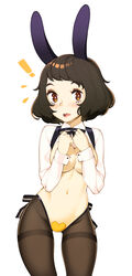  ! animal_ears black_bow black_bowtie blush bow bowtie breasts bright_pupils brown_eyes brown_hair collared_shirt commentary commission covering_breasts covering_nipples covering_privates cowboy_shot embarrassed english_commentary female halphelt hands_up highres kawakami_sadayo long_sleeves looking_at_viewer maebari medium_breasts medium_hair meme_attire navel pantyhose parted_lips persona persona_5 rabbit_ears reverse_bunnysuit reverse_outfit shirt shrug_(clothing) simple_background solo standing surprised thighband_pantyhose white_background white_pupils wing_collar 