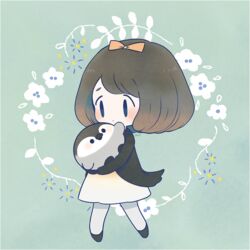  ayu_(mog) baby_penguin bird black_footwear black_jacket blue_eyes blush bow brown_hair commentary_request dress emperor_penguin floral_background green_background hairbow holding jacket long_sleeves orange_bow original pantyhose penguin shoes short_hair signature white_dress white_legwear |_| 