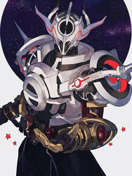  1boy alien armor bad_id bad_pixiv_id bbbb_fex black_gloves black_hole commentary cowboy_shot crank evol_blackhole evol_driver evol_trigger evolto gloves gold_armor highres kamen_rider kamen_rider_build_(series) kamen_rider_evol looking_at_viewer male_focus open_hand science_fiction shoulder_armor shoulder_spikes solo space spikes starry_background tokusatsu upper_body villain_pose white_armor white_background 