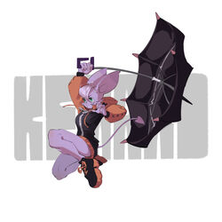  1:1 absurd_res anthro artist_name bat clothing female footwear green_eyes grin hi_res hooded_jacket jacket jumping kemari ko-mori mammal purple_body shoes simple_background smile solo spade_tail tail text text_background topwear umbrella white_background zipper 