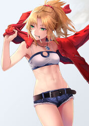  abs armpits bandeau bare_arms bare_shoulders belt blonde_hair blue_shorts braid breasts cigarette collarbone cowboy_shot cutoffs denim denim_shorts fate/apocrypha fate_(series) female green_eyes grin hair_ornament hair_scrunchie highres ironatsuki jacket jewelry long_hair looking_away micro_shorts midriff mordred_(fate) mordred_(fate/apocrypha) mordred_(memories_at_trifas)_(fate) mouth_hold navel necklace parted_bangs ponytail red_jacket scrunchie shorts small_breasts smile smoking solo standing stomach thighs 