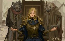  3boys ancient_dragon_(elden_ring) armor black_robe blonde_hair blue_cape bracer brothers cape cuirass demon_horns dragon elden_ring godwyn_the_golden gravitydusty grey_eyes grey_hair grey_robe highres horns howel_(gravitydusty) margit_the_fell_omen mohg_lord_of_blood morgott_the_omen_king multiple_boys pauldrons rag robe sharp_teeth shoulder_armor siblings teeth throne yellow_eyes 