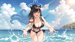  absurdres alternate_costume animal_ears bikini black_bikini black_hair blue_archive blue_hair blue_halo blue_sky blush breasts cleavage cloud cloudy_sky clover_hair_ornament commentary_request cowboy_shot female gradient_hair green_eyes hair_ornament halo halterneck highres jamgom large_breasts long_hair looking_at_viewer multicolored_hair o-ring o-ring_bikini ocean open_mouth shun_(blue_archive) side-tie_bikini_bottom sidelocks sky smile solo splashing standing sun swimsuit teeth tongue upper_teeth_only wading 