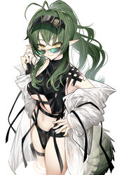  adjusting_eyewear antenna_hair arknights bikini black_bikini breasts cowboy_shot crocodilian_tail female gavial_(arknights) green-tinted_eyewear green_hair hair_between_eyes hand_on_eyewear hand_on_own_hip highres jacket large_breasts linked_bikini long_hair looking_at_viewer looking_over_eyewear navel nishitaka official_alternate_costume official_art open_clothes open_jacket pointy_ears ponytail sidelocks simple_background smile solo stomach sunglasses swimsuit tail tinted_eyewear underboob visor wading white_background white_jacket yellow_eyes 