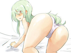  all_fours anzai_romi ass bed_sheet blush commentary eyes_visible_through_hair female from_behind girls_und_panzer green_hair jinguu_(4839ms) long_hair looking_at_viewer looking_back on_bed open_mouth panties red_eyes solo underwear white_background white_panties 