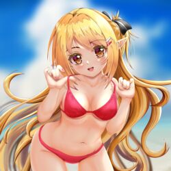  bikini blonde_hair blue_sky breasts cloud commentary_request cowboy_shot female highres leaning_forward long_hair medium_breasts mist_train_girls pointy_ears red_bikini red_eyes rio_(rioaquasama) sky smile solo swimsuit vivienne_(mist_train_girls) 