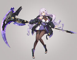  armpits bare_shoulders between_breasts black_jacket boots breasts brown_pantyhose commentary_request dress female full_body grey_background highres holding holding_scythe holding_weapon jacket large_breasts ldfe_mk2 leg_belt light_purple_hair long_hair long_sleeves looking_at_viewer off_shoulder open_clothes open_jacket orange_eyes original pantyhose photoshop_(medium) scythe simple_background sleeveless sleeveless_dress solo strap toeless_footwear two-tone_dress very_long_hair wavy_hair weapon 