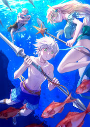  2boys alternate_costume anachronism ashe_ubert ashe_ubert_(summer) belt bikini blonde_hair blue_hair bubble caspar_von_bergliez caspar_von_bergliez_(summer) female fire_emblem fire_emblem:_three_houses fire_emblem_heroes fish freckles freediving green_bikini green_eyes grey_hair harpoon highres holding_breath ingrid_brandl_galatea ingrid_brandl_galatea_(summer) long_hair male_swimwear multiple_boys ocean snorkel starpoint_lance_(fire_emblem) swim_trunks swimming swimsuit t_misaomaru underwater weapon 