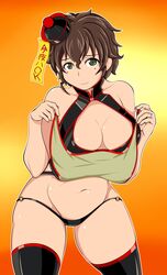  akiyama_yoshiko black_dress black_panties black_thighhighs blush_stickers breasts brown_hair china_dress chinese_clothes cleavage_cutout closed_mouth clothes_lift clothing_cutout commentary cowboy_shot dress dress_lift female girls_und_panzer gradient_background green_eyes hat head_tilt jiangshi_costume large_breasts leaning_forward lifting_own_clothes looking_at_viewer lowleg lowleg_panties mature_female navel o-ring o-ring_bottom o-ring_panties ofuda orange_background panties qingdai_guanmao short_hair sleeveless sleeveless_dress smile solo standing tanaka_rikimaru thick_thighs thighhighs thighs tilted_headwear translated underwear wavy_hair 