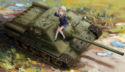  blue_eyes caterpillar_tracks commentary commission day english_commentary female grass hair_ornament highres light_brown_hair military military_vehicle motor_vehicle original outdoors pants russian_text shirt sitting smile soviet star_(symbol) striped_clothes striped_shirt su-85 tank telnyashka vehicle_focus water yorktown_cv-5 