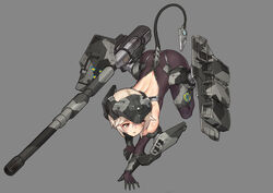  all_fours black_gloves blonde_hair bodystocking cannon coat_of_arms elbow_gloves female gloves grey_background headgear highres machinery mecha_musume mechanical_tail military military_vehicle motor_vehicle original personification red_eyes short_hair solo stmast stridsvagn_103_(personification) tail tank torn_bodystocking torn_clothes tre_kronor 