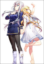  2girls amy_(senyoku_no_sigrdrifa) barefoot belt black_legwear black_necktie blonde_hair blue_eyes blue_jacket blue_skirt boots braid commentary_request cover cover_page dress feet_out_of_frame formal fujima_takuya hair_ornament hairband jacket looking_up military military_uniform multiple_girls necktie official_art pantyhose propeller_hair_ornament red_eyes rusalka_evereska senyoku_no_sigrdrifa simple_background skirt skirt_suit suit uniform white_background white_dress white_footwear white_hair white_hairband 