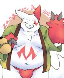  2023 absurd_res anthro asian_clothing beard bottomless bottomwear closed_eyes clothed clothing east_asian_clothing english_text facial_hair feral fundoshi fur generation_3_pokemon hi_res japanese_clothing khuanzg male markings nintendo overweight overweight_anthro overweight_male pokemon pokemon-specific_day pokemon_(species) red_markings solo text underwear white_body white_fur zangoose zangoose_day 