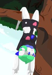  2020 3_fingers :o blue_eyes branch clothing detailed_background featureless_feet feet female fingers gardevoir generation_3_pokemon green_hair hair hanging_from_branch hi_res humanoid mferite nintendo not_furry open_mouth plant pokemon pokemon_(species) solo tree upside-down 