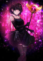  backlighting black_dress black_gloves black_hair black_thighhighs closed_mouth collarbone commentary_request dress elbow_gloves feet_out_of_frame female gloves glowing highres holding holding_staff knees_together_feet_apart looking_at_viewer magic magical_girl original purple_eyes purple_theme short_hair sleeveless sleeveless_dress smile solo staff standing tarbo_(exxxpiation) thighhighs zettai_ryouiki 