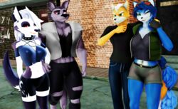  3d_(artwork) anthro anthro_on_anthro big_breasts blush breasts canid canid_demon canine clothed clothing collar crossover demon digital_media_(artwork) ear_piercing eyewear eyewear_on_head female fox fox_mccloud fully_clothed fur grey_body group hair hellhound helluva_boss hi_res intraspecies krystal_(star_fox) loona_(aeridiccore) loona_(helluva_boss) male male/female malicekira mammal midriff mikumikudance_(artwork) mythological_canine mythological_creature mythology nintendo one_eye_closed outside piercing red_sclera small_waist smile spiked_collar spikes standing star_fox sunglasses sunglasses_on_head torn_clothing vortex_(helluva_boss) warfare_fox warfare_krystal warfare_machine white_body white_fur wink 