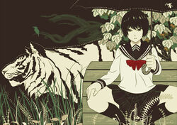  bird black_sailor_collar bob_cut bow bowtie byakko closed_mouth feet_out_of_frame female fingernails grass hand_on_own_knee hiding highres holding holding_umbrella kondou_totetsu long_sleeves muted_color original parted_lips photoshop_(medium) pleated_skirt red_bow red_bowtie sailor_collar school_uniform serafuku shirt short_hair skirt socks solo spread_legs squatting tiger umbrella white_shirt 