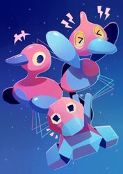  &gt;_&lt; animal_focus bird black_eyes commentary english_commentary evolutionary_line horns looking_at_viewer night night_sky no_humans pokemon pokemon_(creature) porygon porygon-z porygon2 projecttiger single_horn sky star_(sky) starry_sky 