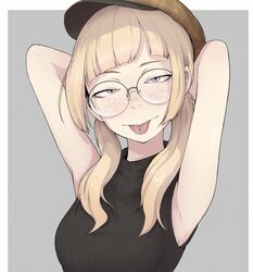  act-age arms_up belt black_belt blonde_hair breasts brown_hat closed_mouth commentary_request eyebrows female freckles glasses grey_eyes hat ina_(gokihoihoi) long_hair looking_at_viewer medium_breasts piercing plaid plaid_headwear round_eyewear sanzaka_nanao sleeveless smile solo tongue tongue_out tongue_piercing twintails upper_body 