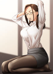  arms_up black_pantyhose black_skirt breasts brown_hair buttons closed_eyes closed_mouth collared_shirt commentary_request dress_shirt earrings female forehead full_body hair_tie hair_tie_in_mouth highres jewelry large_breasts long_hair long_sleeves miru_tights mouth_hold office_lady okuzumi_yuiko pantyhose pencil_skirt seiza shirt sitting skirt solo thighs tying_hair wing_collar zaregoto_tsukai_no_deshi 