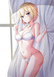  absurdres blonde_hair blue_eyes bra breasts curtains female grabbing highres large_breasts light_smile orsola_aquinas panties side-tie_panties sunhyun thighs toaru_majutsu_no_index toaru_majutsu_no_index:_old_testament underwear underwear_only white_bra white_panties windowsill 