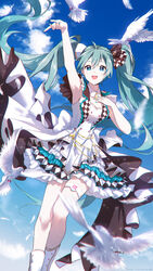  :d absurdres ahoge animal aqua_hair arm_up armpits bare_arms bare_shoulders bird blue_eyes blue_nails blue_sky boots checkered cloud commentary day dress feet_out_of_frame female hair_between_eyes hand_up hatsune_miku highres jacket lengchan_(fu626878068) long_hair more_more_jump!_(project_sekai) more_more_jump!_miku nail_polish open_clothes open_jacket outdoors project_sekai sky sleeveless sleeveless_jacket smile solo twintails very_long_hair vocaloid white_dress white_footwear white_jacket 