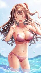  absurdres bare_shoulders bikini blue_sky blurry blurry_background blush breasts brown_hair cleavage closed_eyes collarbone commentary day double_v female floating_hair front-tie_bikini_top front-tie_top glint hair_ornament hair_scrunchie halterneck hands_up highres idolmaster idolmaster_cinderella_girls jewelry long_hair masuku_(saint_mask) medium_breasts navel necklace one_side_up open_mouth outdoors pink_bikini scrunchie shimamura_uzuki side-tie_bikini_bottom sky smile solo strap_gap string_bikini swimsuit symbol-only_commentary thighs tongue v wading water wet 