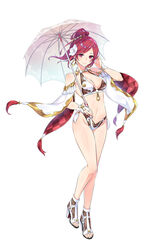  artist_request bikini breasts bridal_gauntlets cleavage female flamy_(idola) flower full_body hair_flower hair_ornament hand_to_head high_heels highres holding holding_umbrella idola_phantasy_star_saga navel official_art phantasy_star phantasy_star_online_2 photoshop_(medium) red_eyes red_hair simple_background smile solo swimsuit umbrella updo white_background 