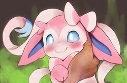  ambiguous_gender blue_eyes blush bow_(anatomy) colored darkstylerz dst-mk2 duo eeveelution feral first_person_view generation_6_pokemon hi_res human human_pov looking_at_viewer mammal nintendo pink_body pokemon pokemon_(species) ribbons_(anatomy) shaded smile sylveon touching_face 