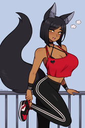  absurdres animal_ears black_bra black_footwear black_hair black_nails black_pants blush bra breasts brown_eyes choker cleavage collarbone commission crop_top dark-skinned_female dark_skin fangs female fox_ears fox_girl fox_tail highres large_breasts looking_at_viewer multicolored_footwear navel open_mouth original pants red_footwear short_hair smile solo tail teeth the_scarlet_devil underwear upper_teeth_only yoga_pants 