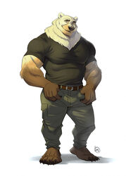  anthro avoid_posting bear bert_&#039;rip&#039;_grizzoli bottomwear cargo_pants clothing furrybob grolar_bear hi_res hybrid male mammal muscular pants pockets shirt smile solo t-shirt thumbs_in_pockets tight_clothing topwear ursine 