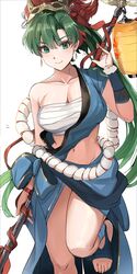  bandages bandeau bare_shoulders blush breasts chest_sarashi cleavage collarbone female fire_emblem fire_emblem:_the_blazing_blade fire_emblem_heroes green_eyes green_hair highres large_breasts long_hair looking_at_viewer lyn_(fire_emblem) lyn_(flame)_(fire_emblem) navel official_alternate_costume ormille ponytail sarashi smile solo strapless thighhighs thighs tube_top very_long_hair white_background 