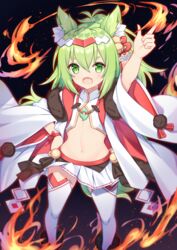  :d absurdres animal_ear_fluff animal_ears arm_up azur_lane bell black_background blurry commentary_request crop_top female fire flat_chest fox_ears fox_girl fox_tail fur_trim gold_trim green_eyes green_hair hair_ornament hand_on_own_hip highres isokaze_(azur_lane) isokaze_(new_year&#039;s_campaign)_(azur_lane) japanese_clothes jewelry jingle_bell long_hair looking_at_viewer midriff miniskirt navel necklace oerba_yun_fang official_alternate_costume open_mouth pleated_skirt shirt simple_background skirt smile solo standing stomach t@ke-g tail thighhighs white_shirt white_skirt white_thighhighs wide_sleeves zettai_ryouiki 