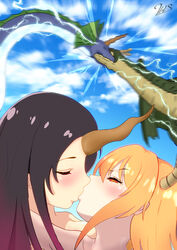  2bls 2girls absurdres black_hair blonde_hair blush closed_eyes cloud dragon dragon_girl dragon_horns elma_(dragon)_(maidragon) elma_(maidragon) english_commentary gradient_hair half-closed_eyes highres horns kissing kobayashi-san_chi_no_maidragon multicolored_hair multiple_girls pink_hair sky tohru_(dragon)_(maidragon) tohru_(maidragon) yuri 