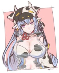  animal_ears animal_print bare_shoulders bikini blue_hair blush border breasts catura_(granblue_fantasy) cow_ears cow_girl cow_hat cow_horns cow_print detached_sleeves draph ear_piercing female gollizo granblue_fantasy hat highres horns large_breasts long_hair looking_at_viewer navel open_mouth piercing pink_background pointy_ears see-through solo swimsuit white_bikini white_border wide_sleeves yellow_eyes 