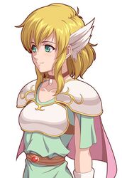  armor belt blonde_hair breastplate brown_belt brown_choker cape choker commentary dress female fire_emblem fire_emblem:_thracia_776 green_dress green_eyes hair_between_eyes hair_ornament ibushi_(oath) nanna_(fire_emblem) pauldrons pink_cape short_hair short_sleeves shoulder_armor simple_background smile solo upper_body white_armor white_background 