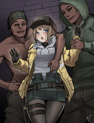  2boys ark_john_up arm_around_shoulder baseball_cap beanie belt blue_eyes blush dark-skinned_male dark_skin dima_(girls&#039;_frontline) faceless faceless_male female girls&#039;_frontline gloves hat holding_another&#039;s_wrist holster hood hoodie imminent_rape jacket multiple_boys open_mouth pantyhose simple_background skirt solo_focus straight sweatdrop thigh_holster topless_male 