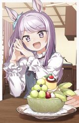  1other :d absurdres animal_ears black_dress blue_ribbon blush cherry commentary curtains dress ear_ribbon female food fruit grapes hands_up head_tilt highres honeydew_(fruit) horse_ears horse_girl indoors long_hair long_sleeves mejiro_mcqueen_(umamusume) melon melon_ball pocky pudding purple_eyes purple_hair ribbon shirt sleeveless sleeveless_dress smile solo_focus steepled_fingers strawberry table umamusume upper_body whipped_cream white_shirt window yukie_(kusaka_shi) 