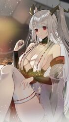  arm_warmers azur_lane bare_shoulders blurry blurry_background blush breasts collarbone dragon_girl dragon_horns female hair_on_horn hand_up highres horns japanese_clothes knees_up large_breasts long_hair looking_at_viewer parted_lips pelvic_curtain red_eyes revealing_clothes ribbon-trimmed_clothes ribbon-trimmed_thighhighs ribbon_trim shibaebi_(yasaip_game) shimanto_(azur_lane) solo thighhighs white_hair 