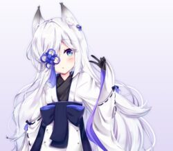  animal_ears azur_lane bad_id bad_pixiv_id black_gloves blue_eyes commentary_request female fox_ears fox_girl fox_tail gloves gradient_background hair_over_one_eye japanese_clothes kasumi_(azur_lane) long_hair long_sleeves looking_at_viewer parted_lips ribbon-trimmed_sleeves ribbon_trim sidelocks simple_background solo tail tamariyazuna v white_hair wide_sleeves 